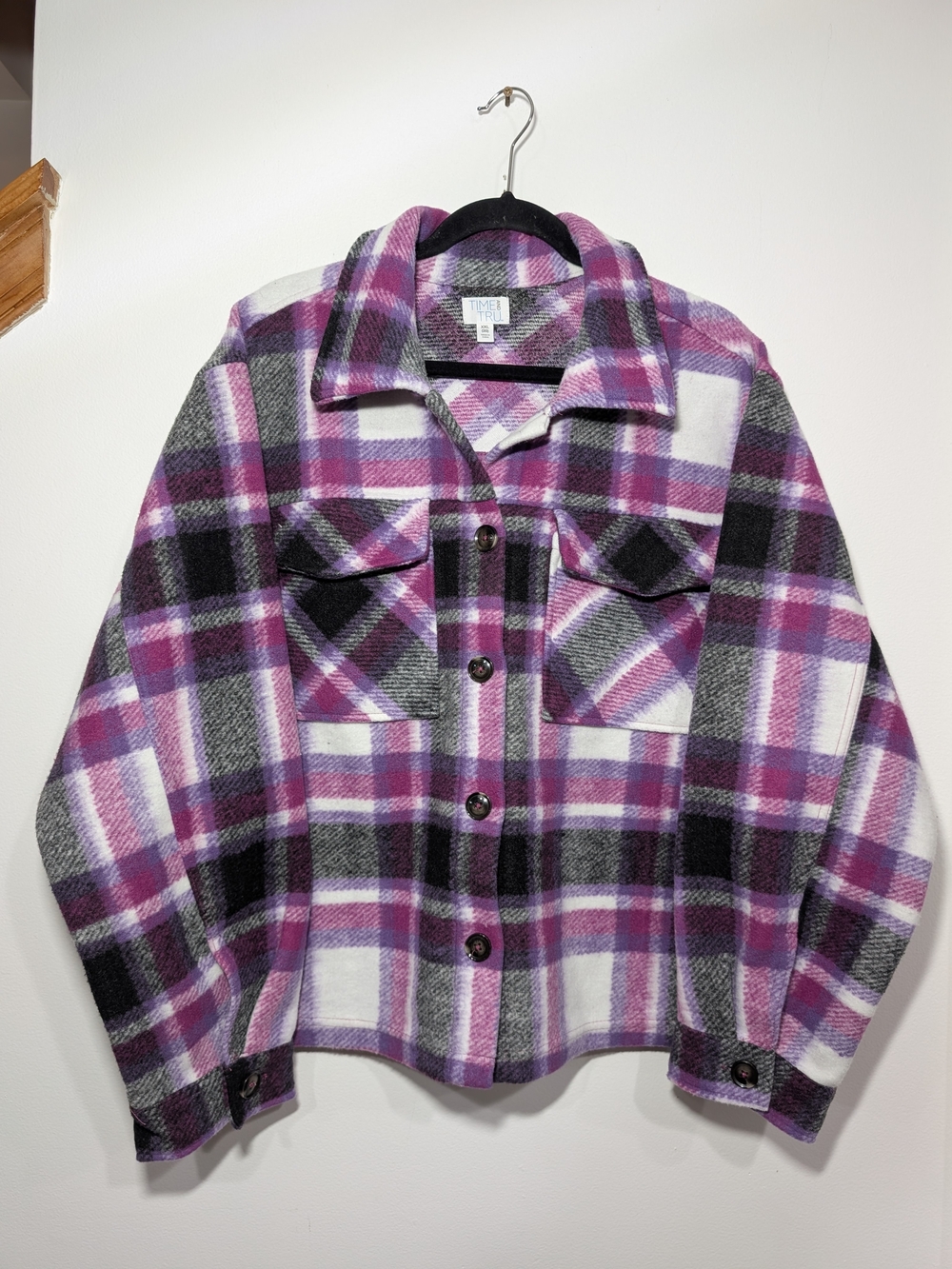 Time and Tru Plaid Boxy Button-Front Shacket Purple, White & Black Women's XXL